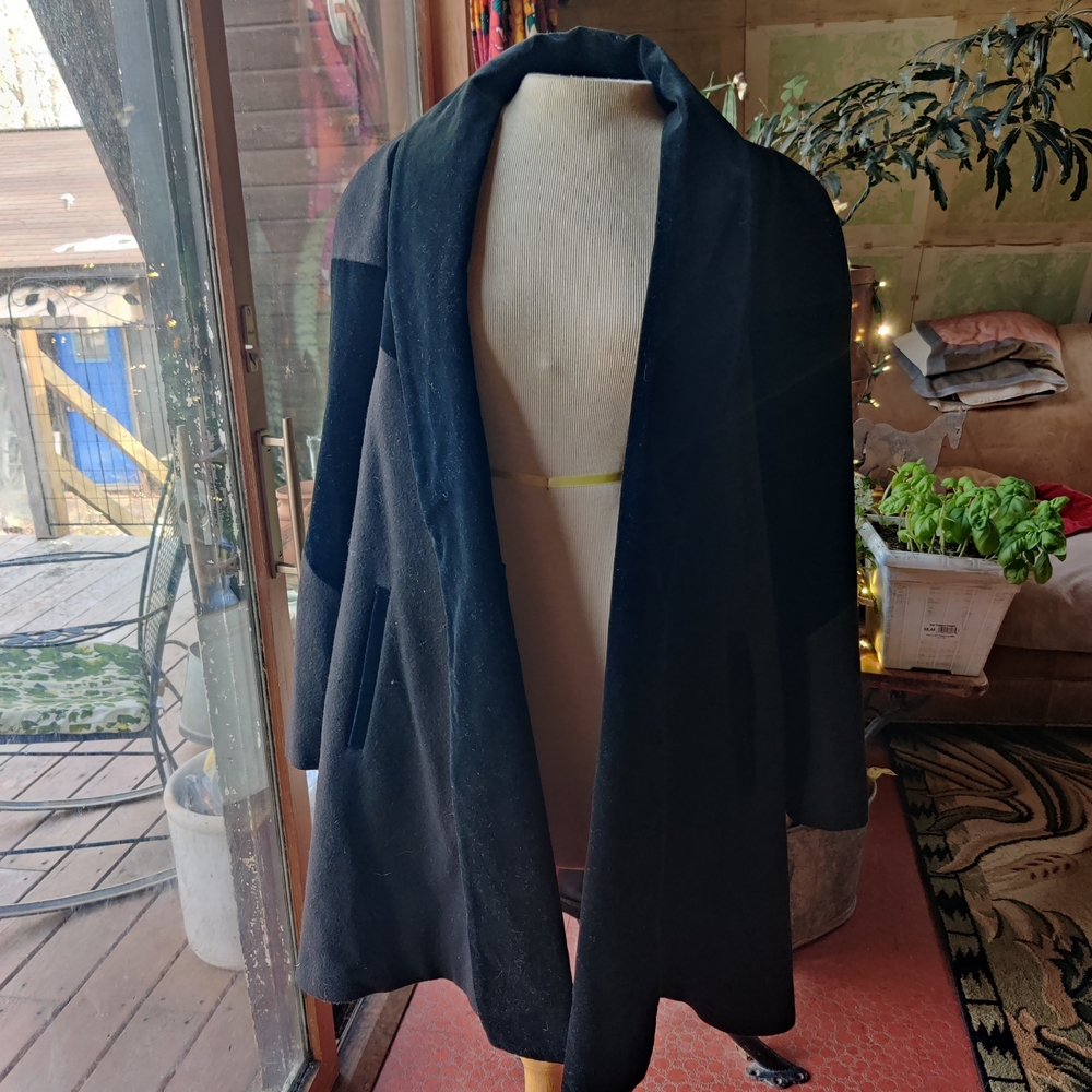 80s Donnybrook Wool Velvet Open Car Coat Women's 12 Black Trapeze Minimalist - Picture 3 of 16